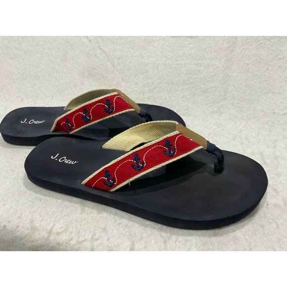 J Crew navy flip flops sandals anchors embroidered - Picture 1 of 3